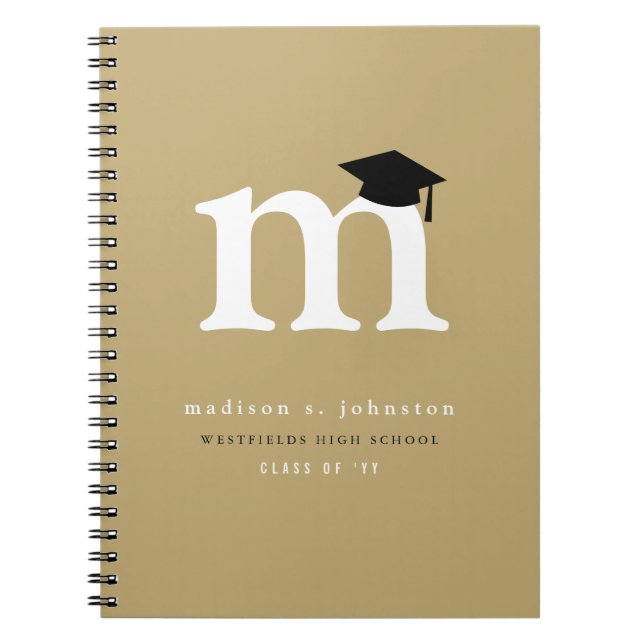 Classic White Monogram And Mortar Board Graduation Notebook (Front)