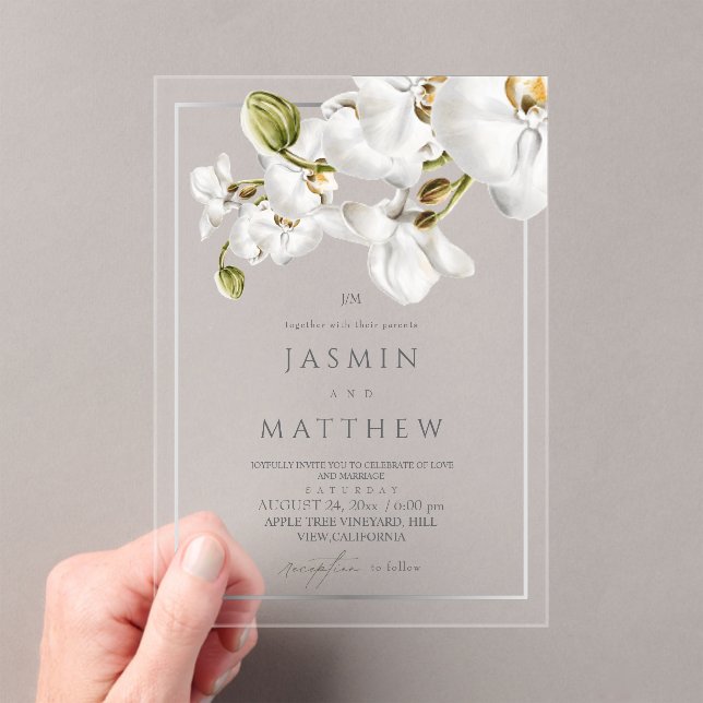 Classic White Orchids Frame Elegant Wedding Acrylic Invitations (Insitu (Handheld))