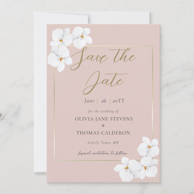 Classic White Orchids Watercolor Pink Save Date Invitation (Front)