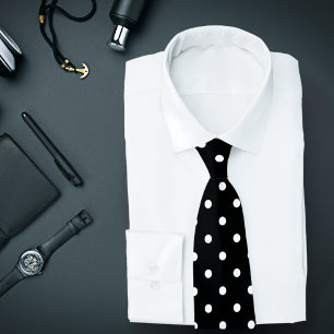 Classic White Polka Dot Pattern on Black Tie