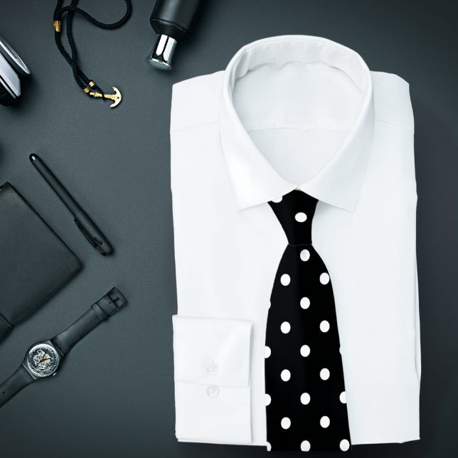 Classic White Polka Dot Pattern on Black Tie (Black tie with white polka dots is featured on an assemblage of men's fashion accessories.)