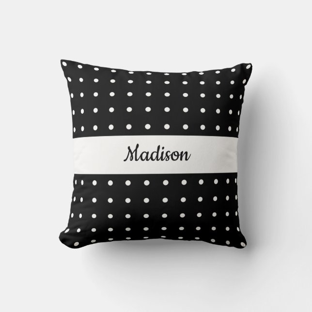 Classic White Polka Dot Pattern on Black with Name Throw Pillow (Front)