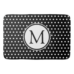 Classic White Polka Dots on Black Monogram Bath Mat
