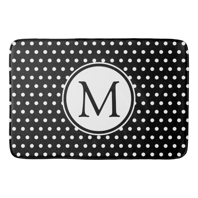 Classic White Polka Dots on Black Monogram Bath Mat (Front)