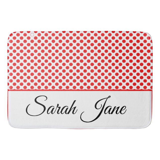 Classic white Red Polka dots | Personalized name Bath Mat (Front)