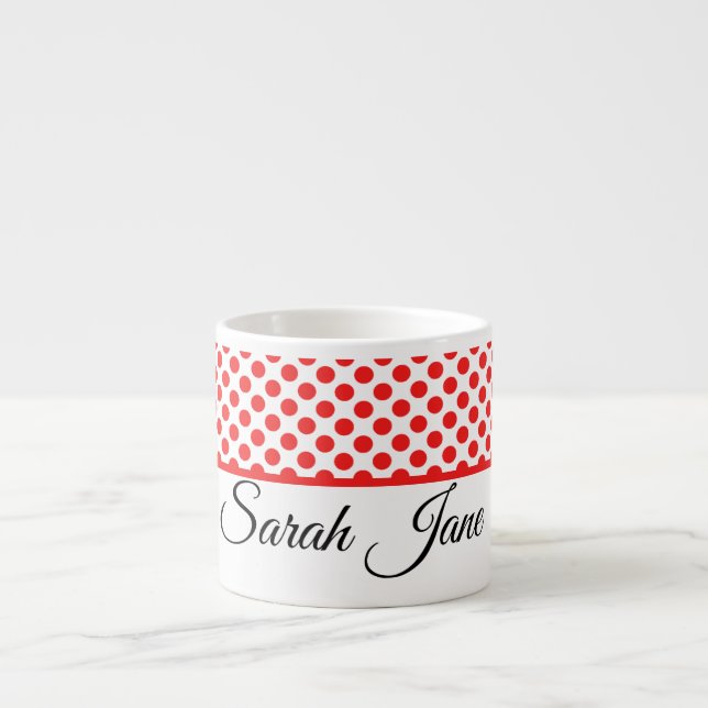 Classic white Red Polka dots | Personalized name Espresso Cup (Front)