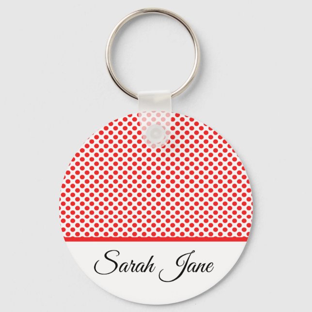 Classic white Red Polka dots | Personalized name Keychain (Front)