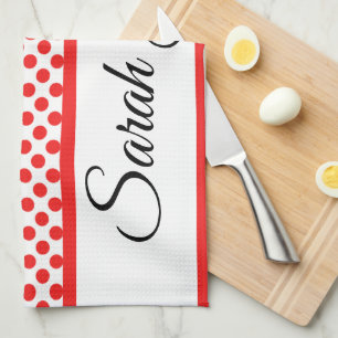 Classic white Red Polka dots   Personalized name Kitchen Towel