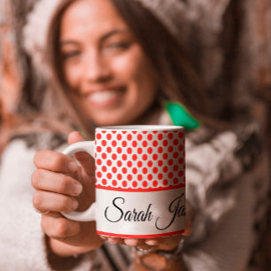 Classic white Red Polka dots Personalized name Large Coffee Mug