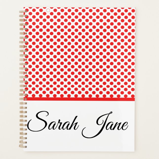 Classic white Red Polka dots | Personalized name Planner (Front)