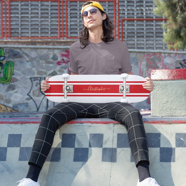 Classic White Red Racing Stripes Gold Monogrammed Skateboard (Classic White Red Racing Stripes Gold Monogrammed Skateboard)