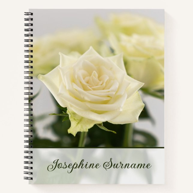 Classic White Rose Flowers Photograph Custom Name Notebook (Front)