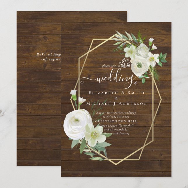 Classic White Rose Greenery Gold Wedding (Front/Back)