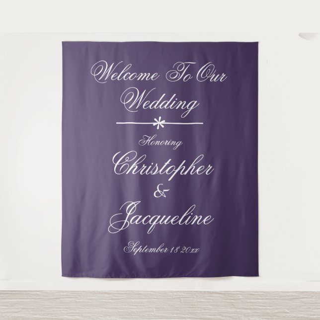 Classic White Script Dusty Purple Wedding Party Tapestry (Front)