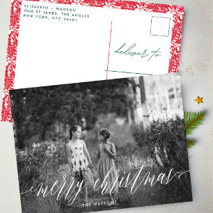 Classic White Script Merry Christmas Photo Holiday Postcard