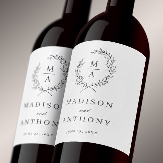 Classic White Simple Elegant Monogram Wedding Wine Label