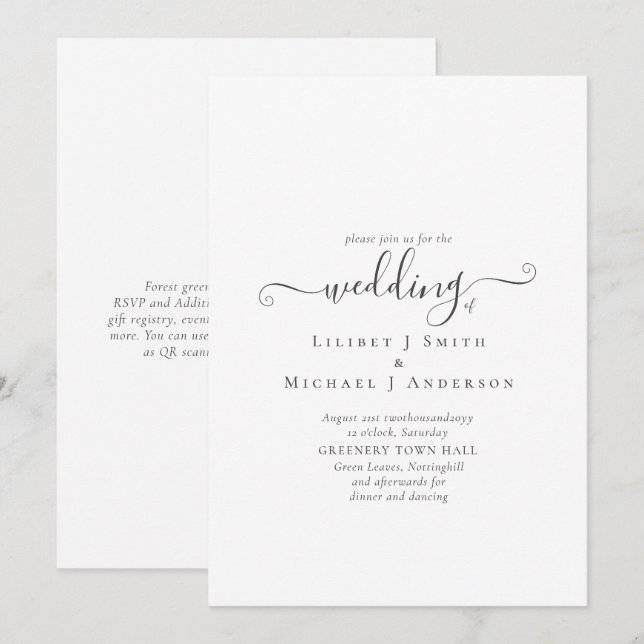 Classic White Text Only Wedding or Other Event Invitation (Front/Back)