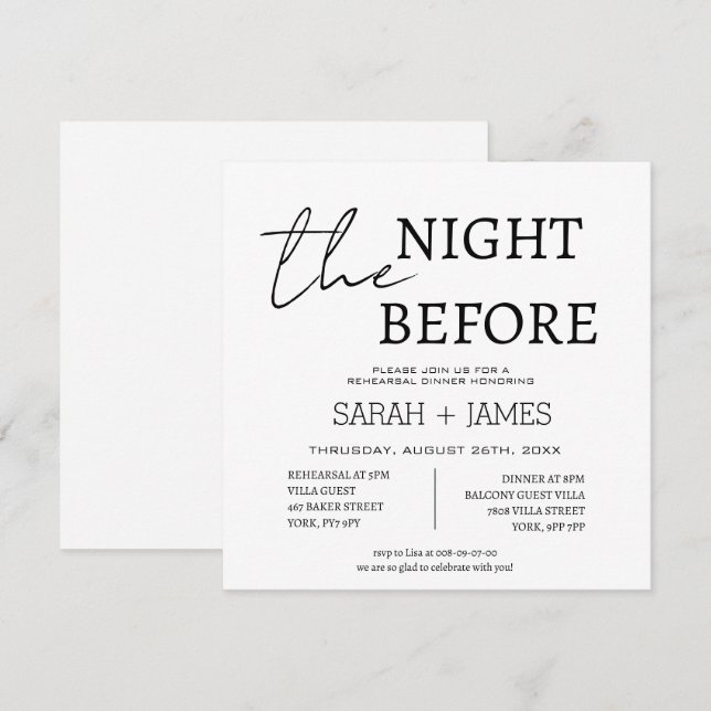 Classic White the Night Before Rehearsal Dinner  Invitation (Front/Back)