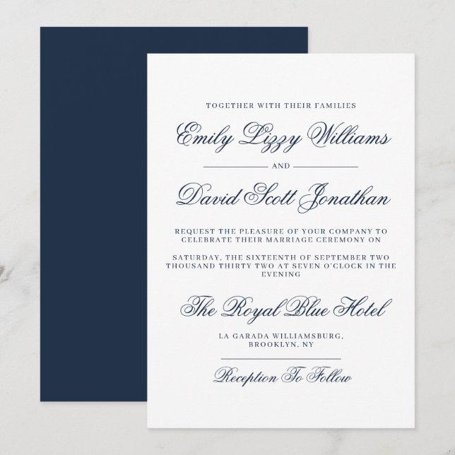 Classic White Vintage Navy Script Formal Invitation (Front/Back)