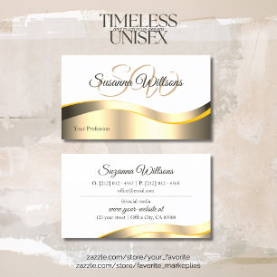 Classic White Wavy Gold Decor with Initials Deluxe Business Card