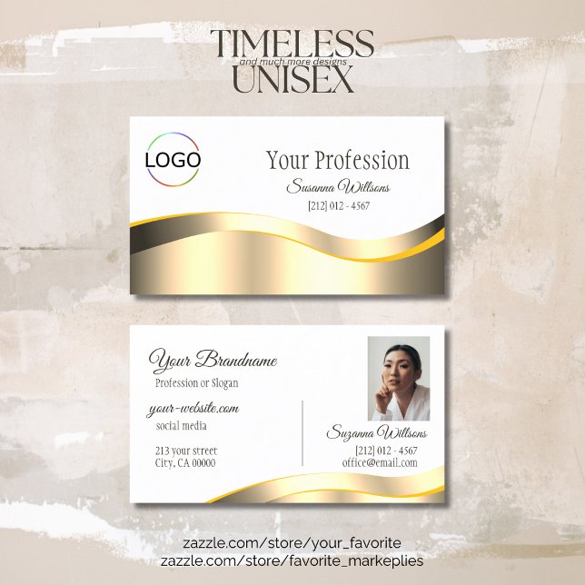 Classic White Wavy Gold Decor with Logo and Photo Business Card (Creator Uploaded)