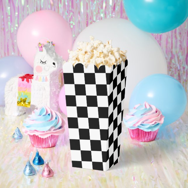 Classic White with Black Square Pattern Popcorn Favor Box (Party)