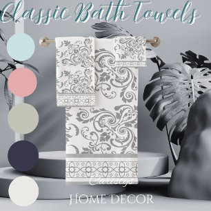 Classic White with Grey Flourishes Towel