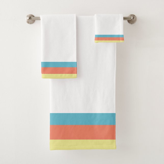Classic White with Turquoise, Coral Yellow Trim Bath Towel Set (Insitu)