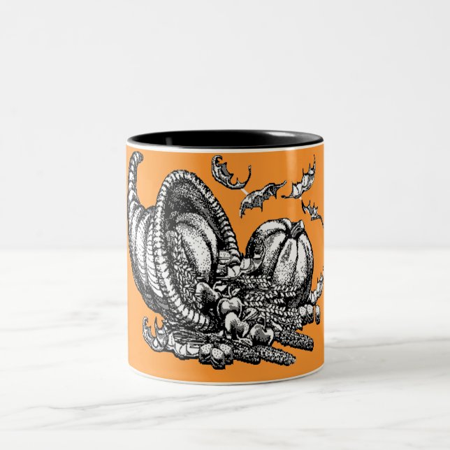 Classic Wicker Cornucopia Black White Illustration Two-Tone Coffee Mug (Center)