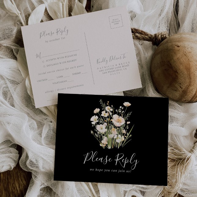Classic Wildflower Black Menu Choice RSVP Postcard (Creator Uploaded)