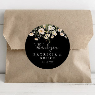 Classic Wildflower Black Thank You Wedding Favour Round Sticker
