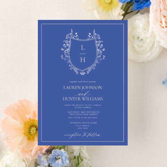 Classic Wildflower Monogram Crest Wedding  Invitation (Creator Uploaded)