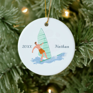 Classic Windsurfing Brunette Surfer Name & Year Ceramic Ornament