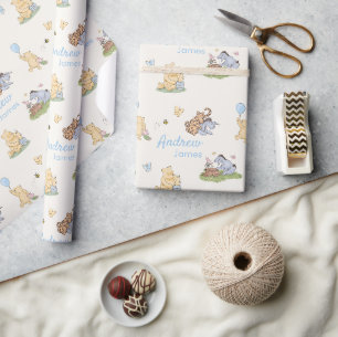Classic Winnie the Pooh Blue Boy Baby Shower Gift Wrapping Paper
