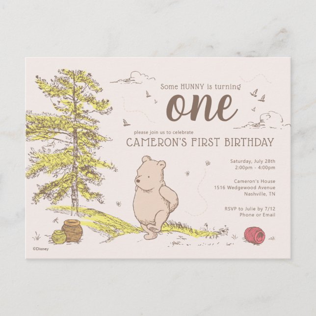 Classic Winnie the Pooh | First Birthday Invitation Postcard (Front)