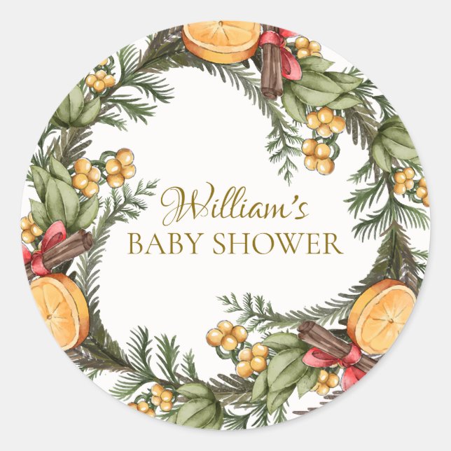 Classic Winter Christmas Wreath Baby Shower Round Sticker (Front)