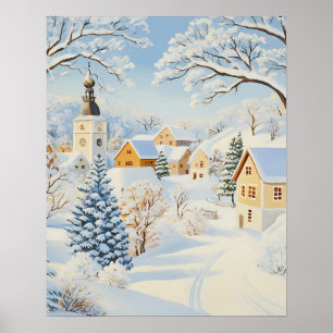Classic Winter Village with Snowy Church and Trees Poster