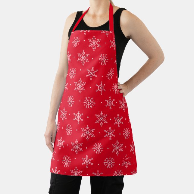Classic Winter White Snowflake on Red Pattern Apron (Insitu)