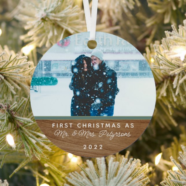 Classic Wood First Christmas Married Photo Metal O Metal Ornament (Insitu)