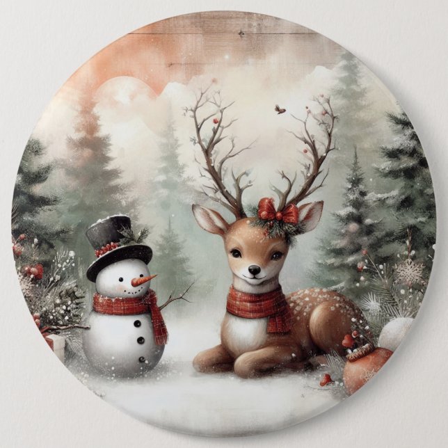 Classic woodland Christmas deer/snowman 6 Inch Round Button (Front)