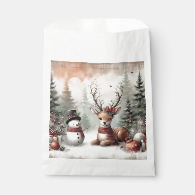 Classic woodland Christmas deer/snowman Favour Bag (Front)