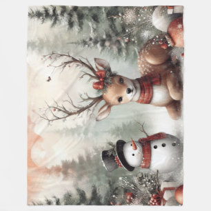 Classic woodland Christmas deer/snowman Fleece Blanket