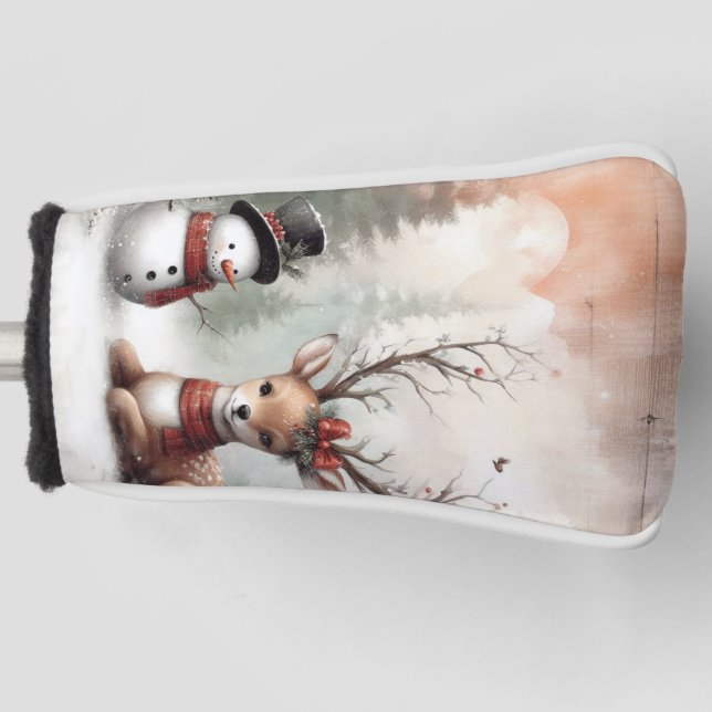 Classic woodland Christmas deer/snowman Golf Head Cover (Front)
