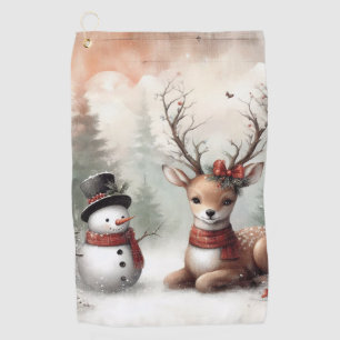 Classic woodland Christmas deer/snowman Golf Towel