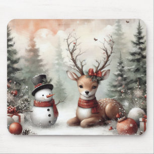 Classic woodland Christmas deer/snowman Mouse Pad