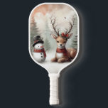 Classic woodland Christmas deer/snowman Pickleball Paddle<br><div class="desc">vintage styled</div>