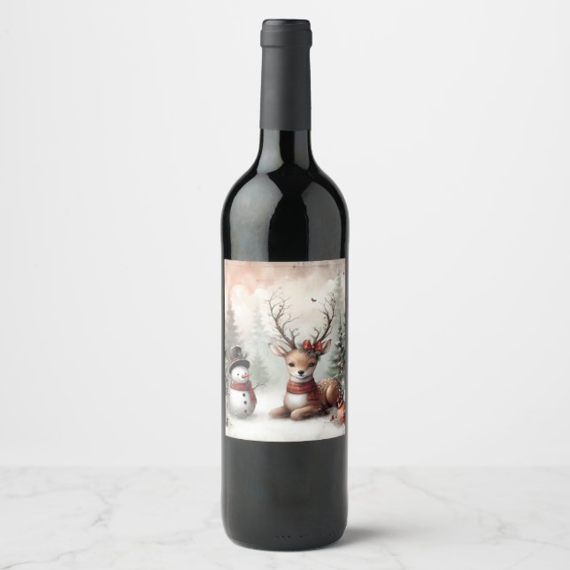 Classic woodland Christmas deer/snowman Wine Label (Front)