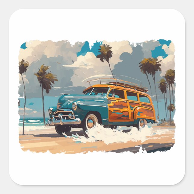 Classic Woody Wagon Square Sticker (Front)