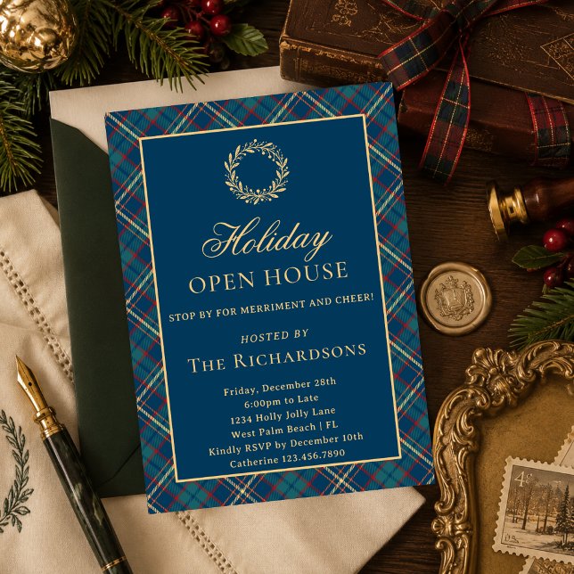 Classic Wreath Blue Plaid Christmas Open House Invitation (Creator Uploaded)