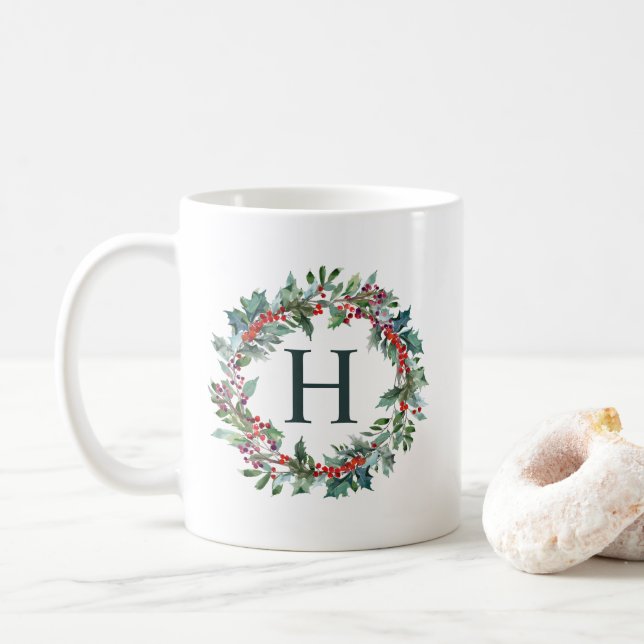 Classic Wreath Holiday Monogram Coffee Mug (With Donut)
